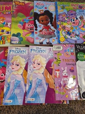 Lot Of 9 Used Kids Coloring Books Disney Frozen Vilians Alice Trolls